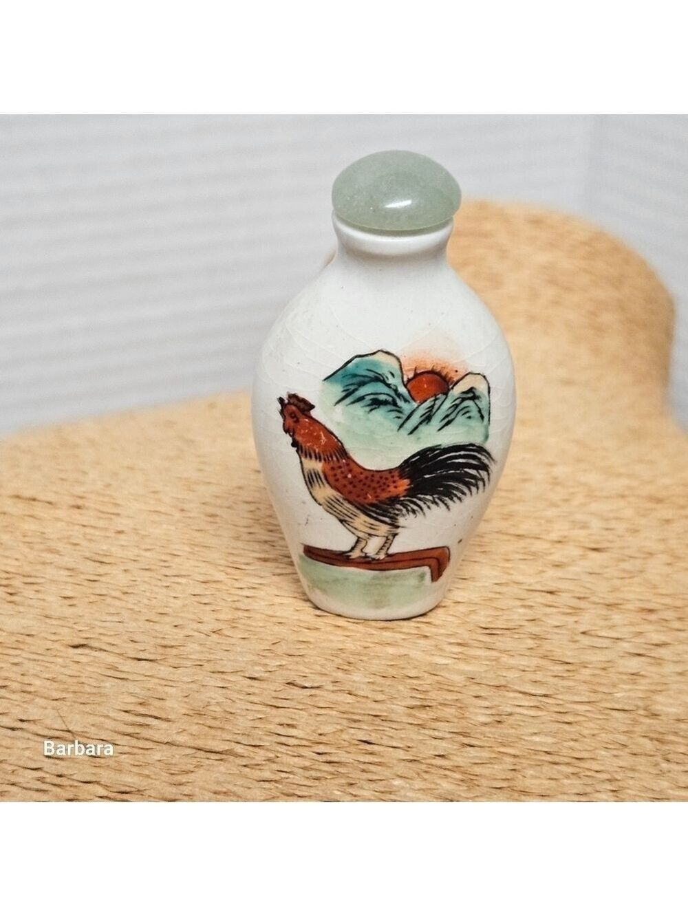 Vintage Antique Ceramic Oriental Snuff Bottle with Rooster Design and Stopper